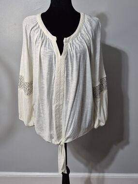 new directions White Boho Tie-Front Peasant Blouse Size Large
